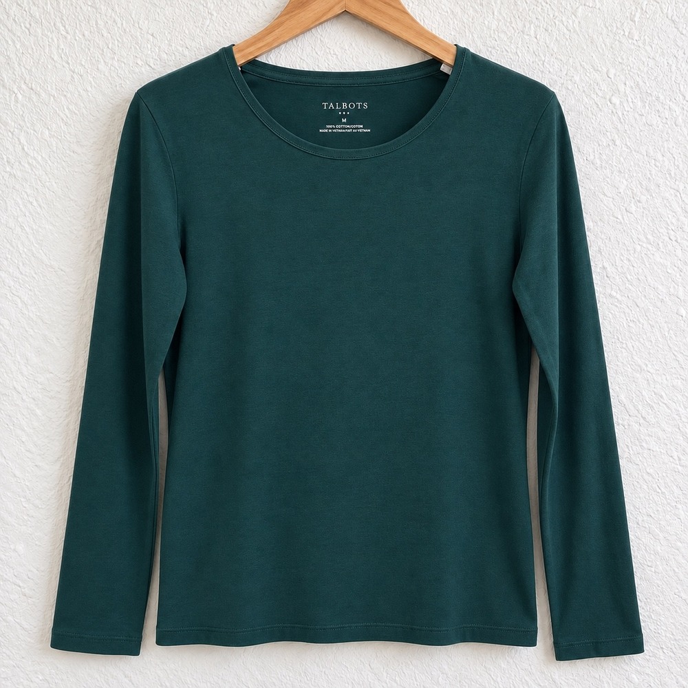 Talbots Womens Medium M Forest Green 100% Cotton Long Sleeve Crew Neck Tee Shirt